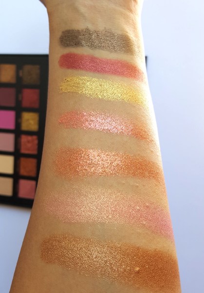 huda beauty textured shadows rose gold eyeshadow palette, eye shadow palette, review, swatches, metallic shadows, matte shadows